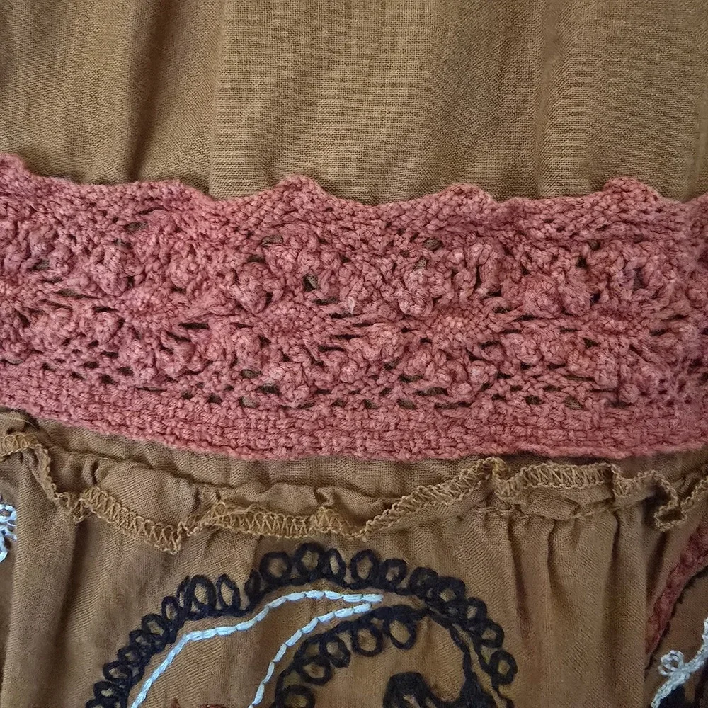LUCCA Brown Cotton Tiered Midi Skirt Embroidered Paisley Crochet‎ Lace Small - Picture 4 of 11